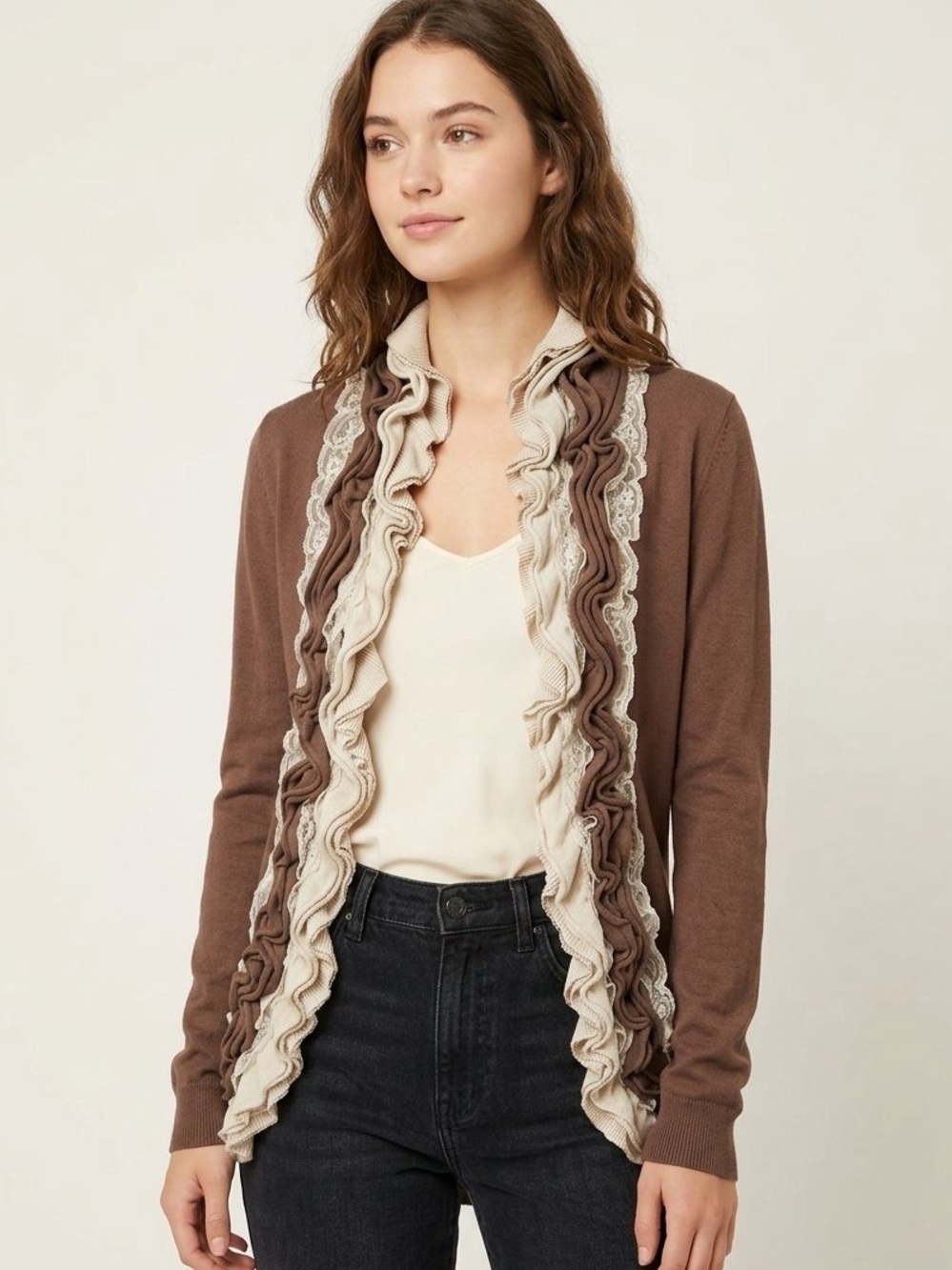Romeo & Juliet Couture Open Front Cardigan Ruffle Front Size M